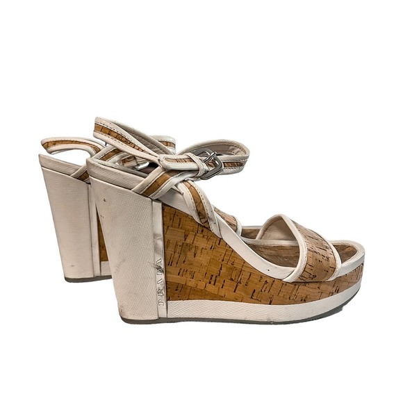 Prada Cork White Leather Platform Wedge Sandals - Picture 6 of 7